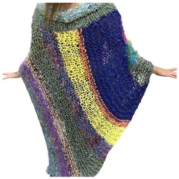 One of a Kind Handcrafted Art Knit Poncho Boho Psychedelic Statement Piece - Picture 4 of 4